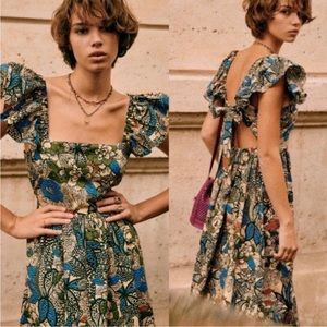 Sezane Robe Ankara Melville Floral Midi Dress Square Neck Tie Back Size 6/38